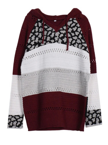 Дамски плетен пуловер с V-образно деколте с големи размери Дамски есен и зима 2023 Нова мода Свободен горен пуловер на райета Топъл пуловер