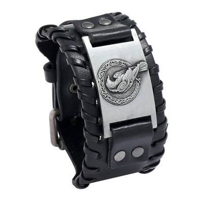 Moderns Wide Edition ādas austs ziemeļvalstu vārnu vikingu rūnu rokassprādze, šarmanta vīrieša rokassprādze, jauns modes hiphopa punk rotaslietu aksesuārs