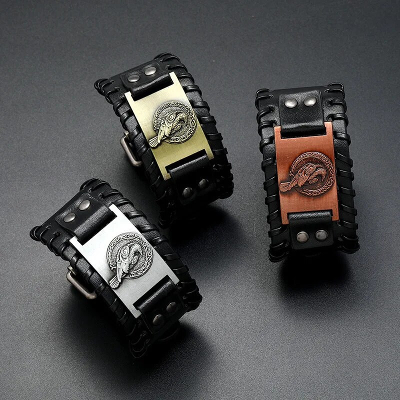 Moderns Wide Edition ādas austs ziemeļvalstu vārnu vikingu rūnu rokassprādze, šarmanta vīrieša rokassprādze, jauns modes hiphopa punk rotaslietu aksesuārs