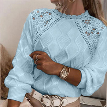 Κομψό γυναικείο πουλόβερ πλέξιμο με κέντημα κέντημα με δαντέλα casual μακρυμάνικο μασίφ πουλόβερ 2023 Μόδα με λαιμόκοψη O-λαιμόκοκκο πουλόβερ