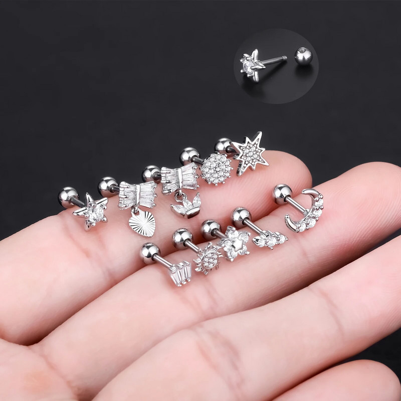 1Gb nerūsējošā tērauda Cz ausu kniedes skrimšļa auskars sievietēm cirkona auss Tragus mēness zvaigzne auskars pīrsings ķermeņa rotaslietas 16G