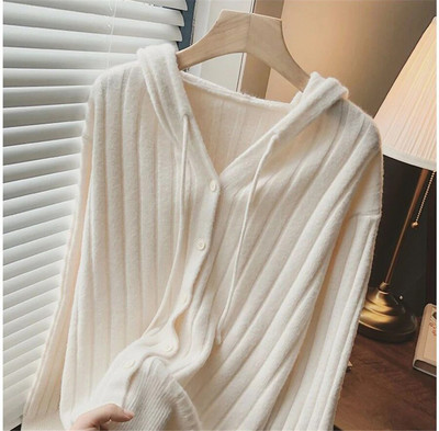 Trikotāžas jakas ar kapuci Sieviešu ikdienas plāni džemperi, pavasara rudens trikotāžas džemperi Jauni mēteļi ar vienrindu