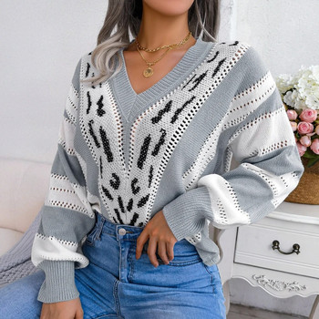 Γυναικείο πλεκτό πουλόβερ με μακρυμάνικο λεοπάρ με V λαιμόκοψη φθινόπωρο χειμερινό πουλόβερ 2023