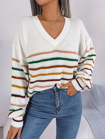 Πλεκτό πουλόβερ με ριγέ πουλόβερ με μακρυμάνικο φθινόπωρο 2023