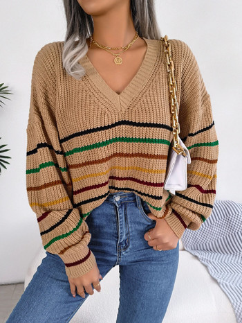 Дамско облекло с голям размер 2023 Есен Зима Раиран пуловер с дълъг ръкав Плетени пуловери