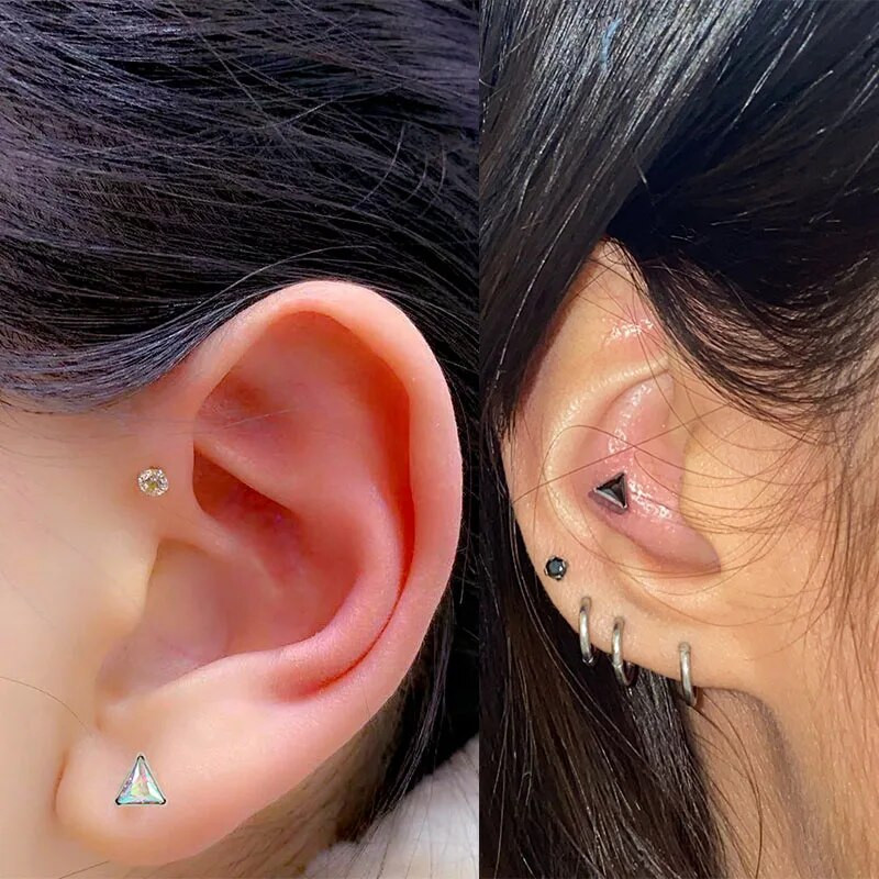 ASTM F136 Titanium EAR PIERC Trīsstūrveida cirkonija oksīds bruģēts augšējais vītņots Labret kniedes Tragus auskari lūpu mēles kniedes pīrsings rotaslietas