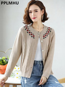 Γλυκό λουλούδι κεντημένο πλεκτό ζακέτα Γυναικεία casual slim πουλόβερ παλτό με λαιμόκοψη Κομψά πλεκτά Gilet μονόστηθο μπλουζάκια