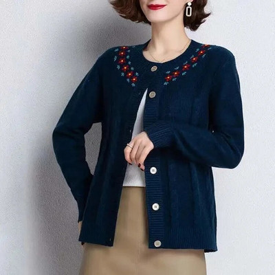 Γλυκό λουλούδι κεντημένο πλεκτό ζακέτα Γυναικεία casual slim πουλόβερ παλτό με λαιμόκοψη Κομψά πλεκτά Gilet μονόστηθο μπλουζάκια