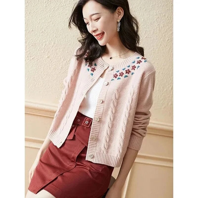 Γλυκό λουλούδι κεντημένο πλεκτό ζακέτα Γυναικεία casual slim πουλόβερ παλτό με λαιμόκοψη Κομψά πλεκτά Gilet μονόστηθο μπλουζάκια