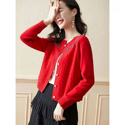 Γλυκό λουλούδι κεντημένο πλεκτό ζακέτα Γυναικεία casual slim πουλόβερ παλτό με λαιμόκοψη Κομψά πλεκτά Gilet μονόστηθο μπλουζάκια