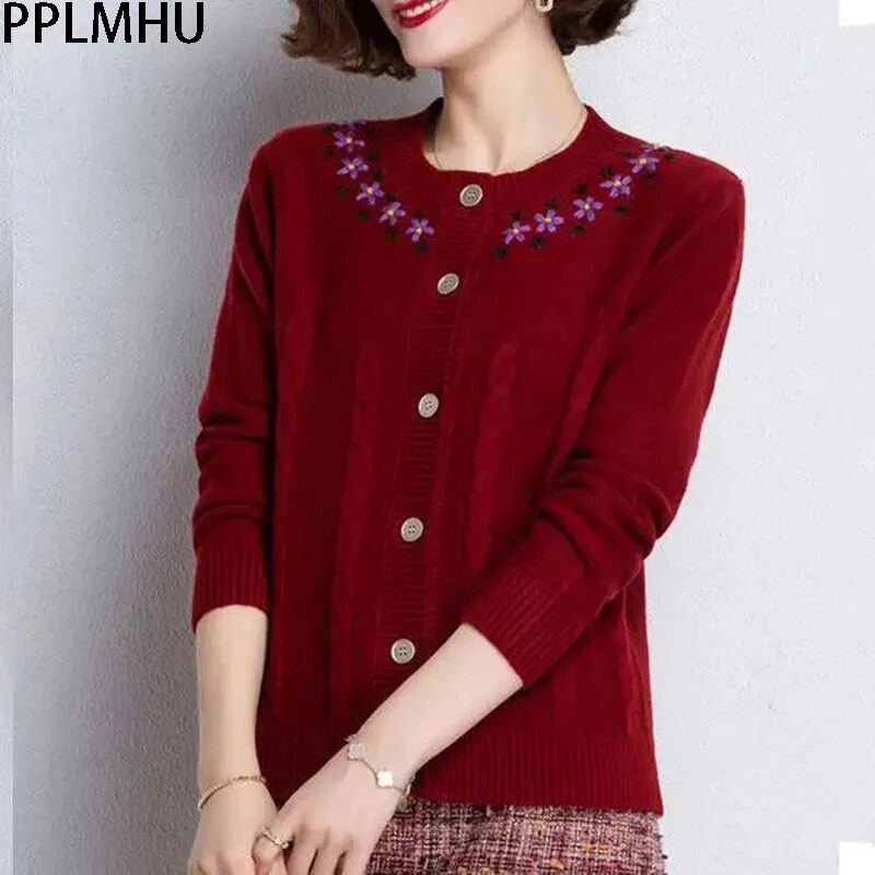 Γλυκό λουλούδι κεντημένο πλεκτό ζακέτα Γυναικεία casual slim πουλόβερ παλτό με λαιμόκοψη Κομψά πλεκτά Gilet μονόστηθο μπλουζάκια