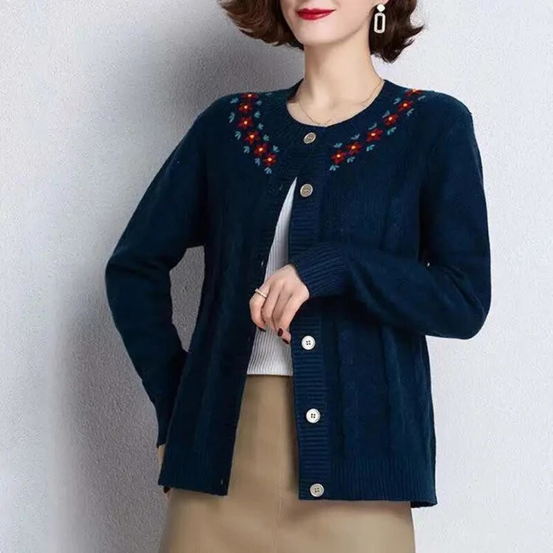 Γλυκό λουλούδι κεντημένο πλεκτό ζακέτα Γυναικεία casual slim πουλόβερ παλτό με λαιμόκοψη Κομψά πλεκτά Gilet μονόστηθο μπλουζάκια