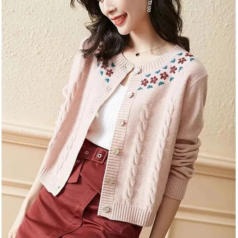 Γλυκό λουλούδι κεντημένο πλεκτό ζακέτα Γυναικεία casual slim πουλόβερ παλτό με λαιμόκοψη Κομψά πλεκτά Gilet μονόστηθο μπλουζάκια