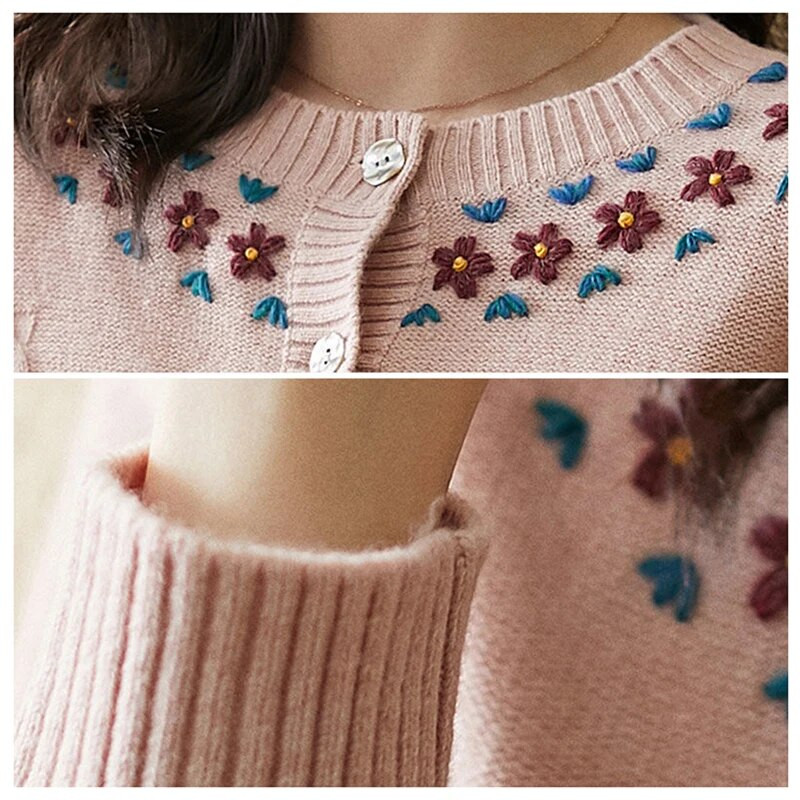 Γλυκό λουλούδι κεντημένο πλεκτό ζακέτα Γυναικεία casual slim πουλόβερ παλτό με λαιμόκοψη Κομψά πλεκτά Gilet μονόστηθο μπλουζάκια