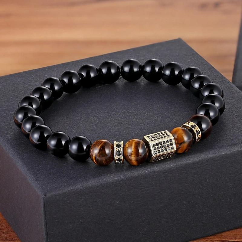 TYO Vintage New Design African CZ Charm Stretch 8mm Tiger Eye Shiny Μαύρες Χάντρες Βραχιόλια Κατασκευάζοντας DIY για ανδρικά κοσμήματα για αγόρι
