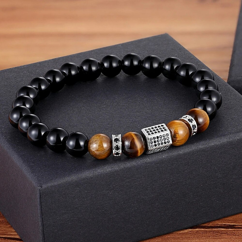 TYO Vintage New Design African CZ Charm Stretch 8mm Tiger Eye Shiny Μαύρες Χάντρες Βραχιόλια Κατασκευάζοντας DIY για ανδρικά κοσμήματα για αγόρι