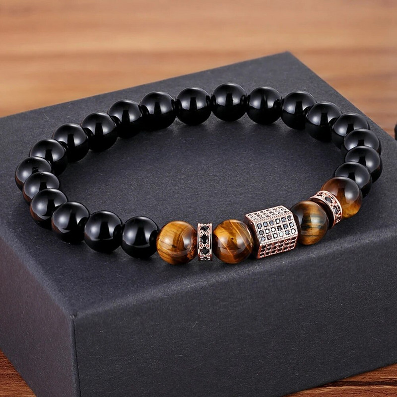 TYO Vintage New Design African CZ Charm Stretch 8mm Tiger Eye Shiny Μαύρες Χάντρες Βραχιόλια Κατασκευάζοντας DIY για ανδρικά κοσμήματα για αγόρι