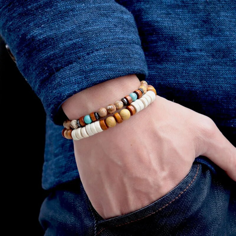 Noter Vintage Vīriešu Koka Rokassprādze Dabīgais Akmens Pērlītes Brazalete Boho Aksesuāri Vīriešu Panka Braslet Dāvana Vīrietim Rotaslietas Pulsera