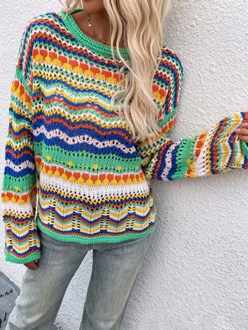 Дамски плетен пуловер с кухи райета Streetwear Ежедневно дамско облекло с кръгло деколте и дълъг ръкав