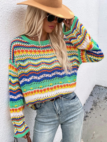 Дамски плетен пуловер с кухи райета Streetwear Ежедневно дамско облекло с кръгло деколте и дълъг ръкав