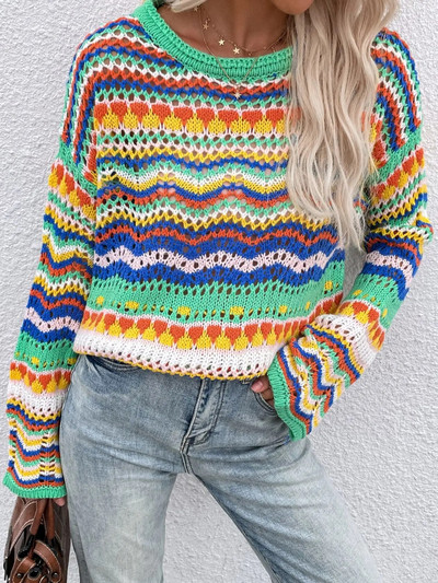 Női üreges csíkos kötött pulóver Utcai viselet Alkalmi, nyakú, hosszú ujjú női ruházat