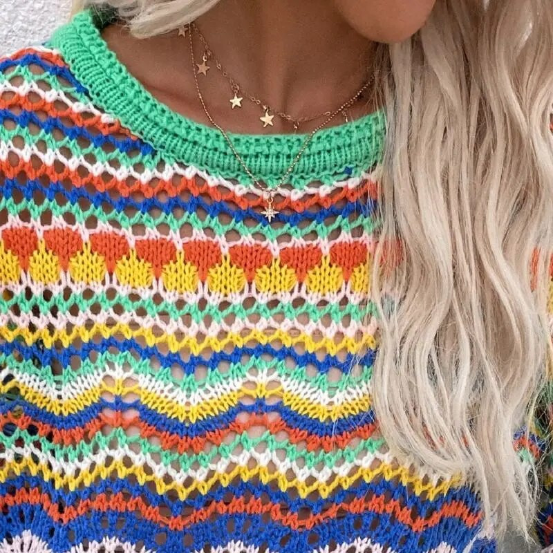 Női üreges csíkos kötött pulóver Utcai viselet Alkalmi, nyakú, hosszú ujjú női ruházat