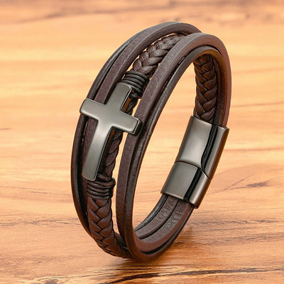 XQNI Punk Cross Design bőr karkötő klasszikus rozsdamentes acél férfi karkötők ékszerek luxus többszínű szép karácsonyi ajándékok