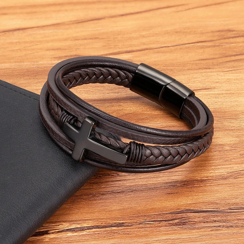 XQNI Punk Cross Design bőr karkötő klasszikus rozsdamentes acél férfi karkötők ékszerek luxus többszínű szép karácsonyi ajándékok