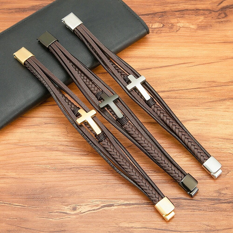 XQNI Punk Cross Design bőr karkötő klasszikus rozsdamentes acél férfi karkötők ékszerek luxus többszínű szép karácsonyi ajándékok