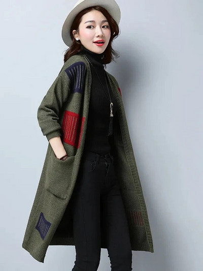 Vintage μακρύ πουλόβερ Ζακέτα Γυναικεία κορεάτικα πλεκτά σακάκια εμπριμέ casual πλεκτά Gilet New Eleagnt Malhas Casaco Tops