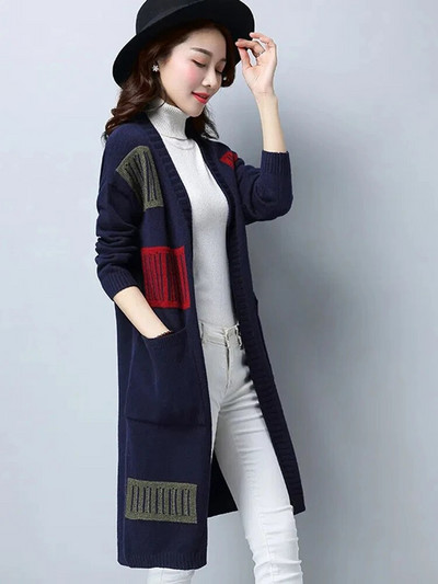 Vintage μακρύ πουλόβερ Ζακέτα Γυναικεία κορεάτικα πλεκτά σακάκια εμπριμέ casual πλεκτά Gilet New Eleagnt Malhas Casaco Tops