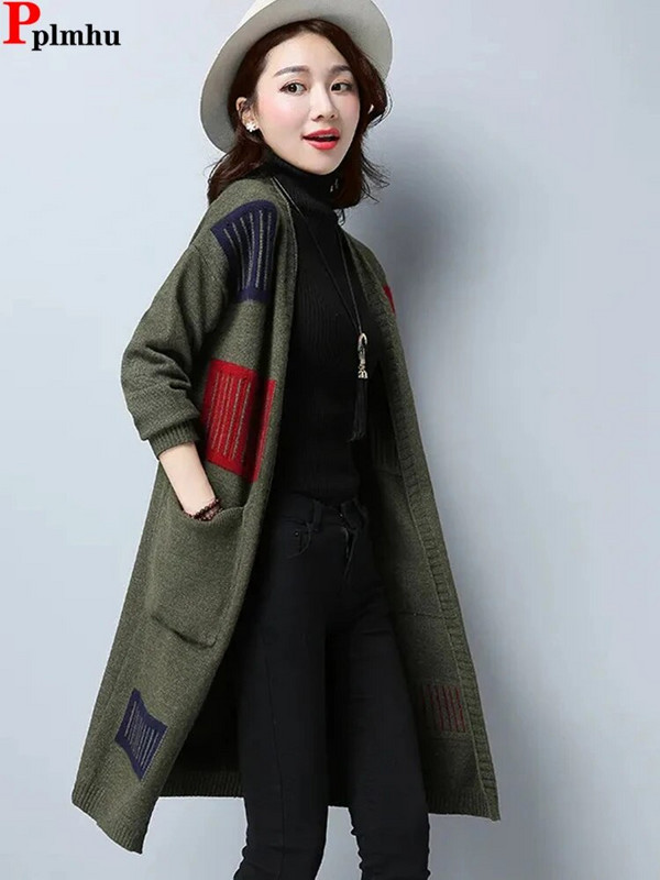Vintage μακρύ πουλόβερ Ζακέτα Γυναικεία κορεάτικα πλεκτά σακάκια εμπριμέ casual πλεκτά Gilet New Eleagnt Malhas Casaco Tops