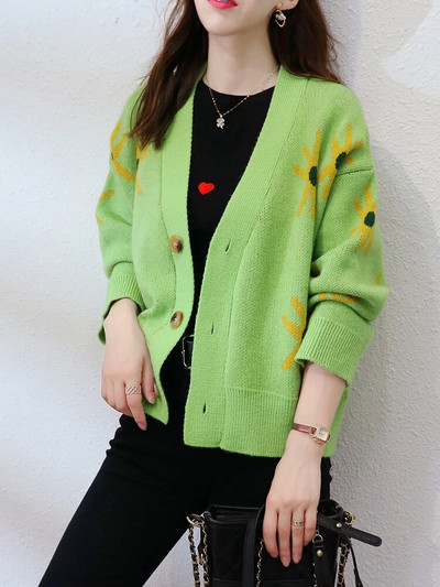 Πλεκτά παλτό ζακέτα με ηλίανθο στάμπα Γυναικεία casual φαρδιά πουλόβερ Μπουφάν Κορεατικά πλεκτά με λαιμόκοψη Gilet Μονό στήθος Malhas τοπ