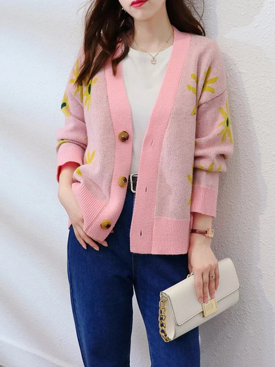 Πλεκτά παλτό ζακέτα με ηλίανθο στάμπα Γυναικεία casual φαρδιά πουλόβερ Μπουφάν Κορεατικά πλεκτά με λαιμόκοψη Gilet Μονό στήθος Malhas τοπ