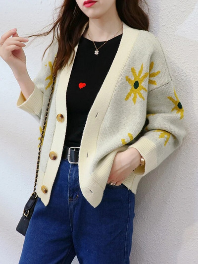 Πλεκτά παλτό ζακέτα με ηλίανθο στάμπα Γυναικεία casual φαρδιά πουλόβερ Μπουφάν Κορεατικά πλεκτά με λαιμόκοψη Gilet Μονό στήθος Malhas τοπ