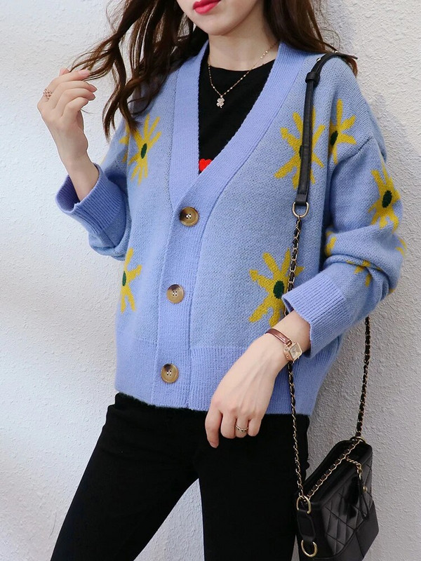 Πλεκτά παλτό ζακέτα με ηλίανθο στάμπα Γυναικεία casual φαρδιά πουλόβερ Μπουφάν Κορεατικά πλεκτά με λαιμόκοψη Gilet Μονό στήθος Malhas τοπ