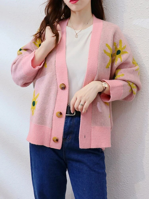 Πλεκτά παλτό ζακέτα με ηλίανθο στάμπα Γυναικεία casual φαρδιά πουλόβερ Μπουφάν Κορεατικά πλεκτά με λαιμόκοψη Gilet Μονό στήθος Malhas τοπ