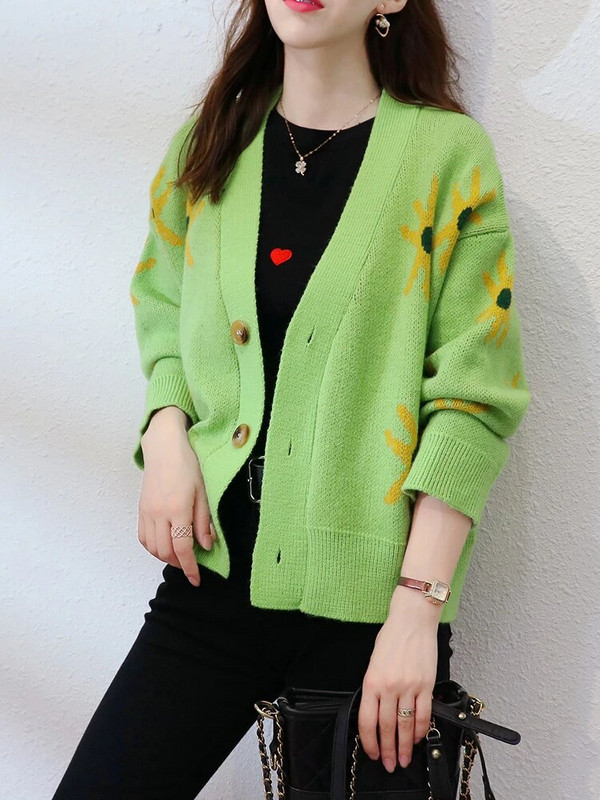 Πλεκτά παλτό ζακέτα με ηλίανθο στάμπα Γυναικεία casual φαρδιά πουλόβερ Μπουφάν Κορεατικά πλεκτά με λαιμόκοψη Gilet Μονό στήθος Malhas τοπ