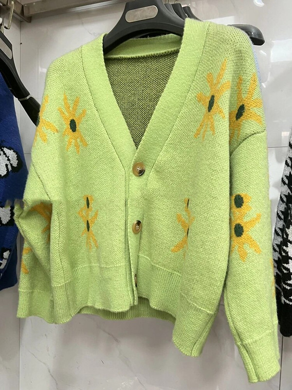 Πλεκτά παλτό ζακέτα με ηλίανθο στάμπα Γυναικεία casual φαρδιά πουλόβερ Μπουφάν Κορεατικά πλεκτά με λαιμόκοψη Gilet Μονό στήθος Malhas τοπ