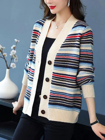 Vintage svītrains trikotāžas jaciņa plāns elegants trikotāžas mētelis ikdienišķs mīksts malhas Casaco topi ar V veida kakla izgriezumu Jakas Jauns sieviešu džemperis Gilet