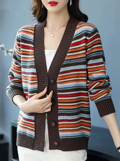 Vintage svītrains trikotāžas jaciņa plāns elegants trikotāžas mētelis ikdienišķs mīksts malhas Casaco topi ar V veida kakla izgriezumu Jakas Jauns sieviešu džemperis Gilet