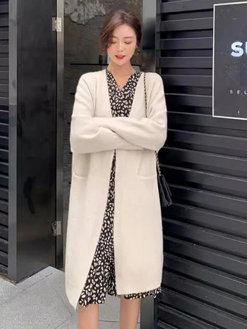 Γυναικεία μακρυά πλεκτά παλτό ζακέτα Casual Loose μακρυμάνικο πουλόβερ Gilet τζάκετ Κορεάτικο με λαιμόκοψη Βασικές μπλούζες Malhas Νέα Kintwear Casaco