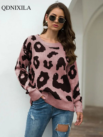 2022 Есенно-зимен моден ретро пуловер с дълги ръкави Femeal Leopard Print Knitting Fashion Свободен ежедневен дамски дебел пуловер