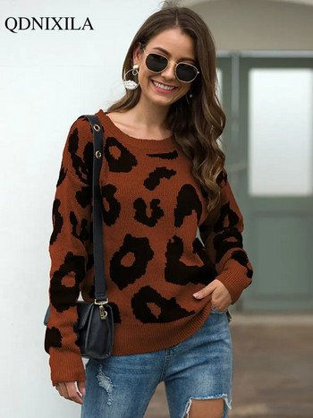 2022 Есенно-зимен моден ретро пуловер с дълги ръкави Femeal Leopard Print Knitting Fashion Свободен ежедневен дамски дебел пуловер