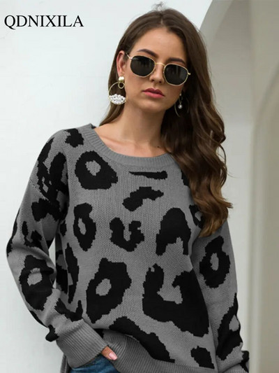 2022 Есенно-зимен моден ретро пуловер с дълги ръкави Femeal Leopard Print Knitting Fashion Свободен ежедневен дамски дебел пуловер