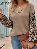 2022. gada rudens un ziema, jauns, sašļakstīts, adīts ar garām piedurknēm, džemperis sieviešu blūze ar leoparda rakstu sieviešu biezie korejiešu džemperi