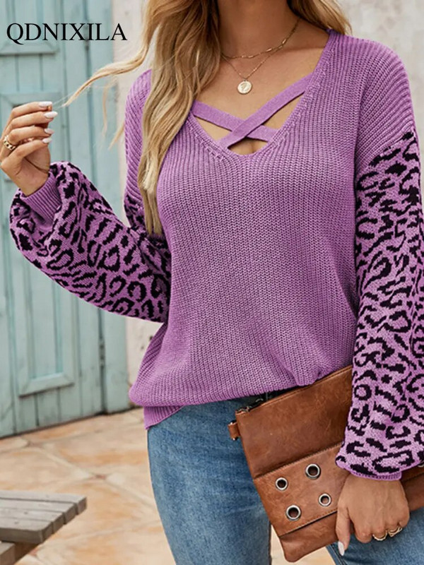2022. gada rudens un ziema, jauns, sašļakstīts, adīts ar garām piedurknēm, džemperis sieviešu blūze ar leoparda rakstu sieviešu biezie korejiešu džemperi