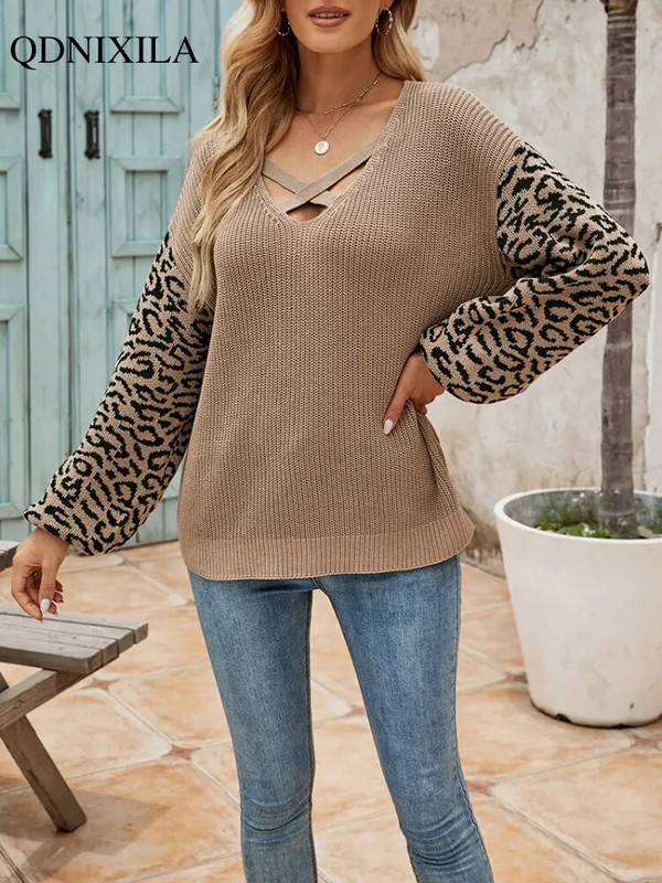 2022. gada rudens un ziema, jauns, sašļakstīts, adīts ar garām piedurknēm, džemperis sieviešu blūze ar leoparda rakstu sieviešu biezie korejiešu džemperi