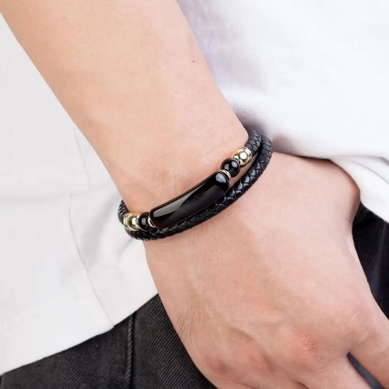 Modes īstas ādas rokassprādze Vīriešu daudzslāņu virves dabīgā akmens rokassprādzes nerūsējošā tērauda magnētiskā aizdare rokassprādze vīriešu rotaslietas