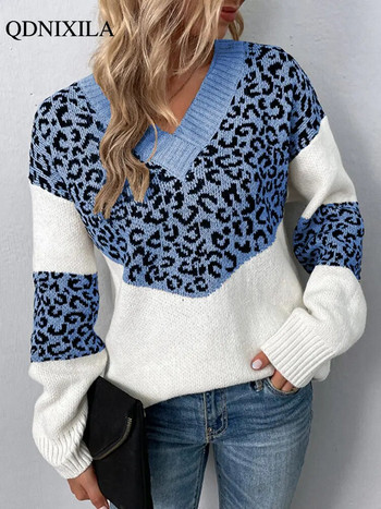 2022 Autumer Winter V-образно деколте Топли дамски горнища, пуловер, пуловер с леопардов принт, теглещ джъмпер, женска блуза за плетене, широки дълги ръкави